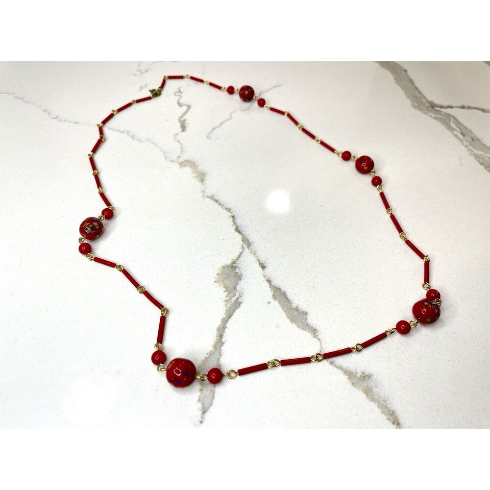 Vintage Red Glass Bead Necklace Floral Art Glass Millefiori Style Gold Tone